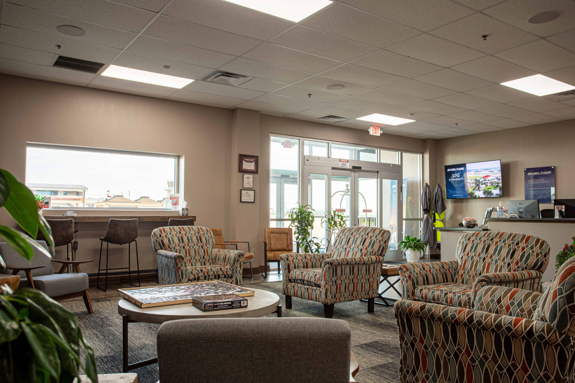 Sheltair FBO lobby at Denton Enterprise Airport where A4Flight briefs discovery flights