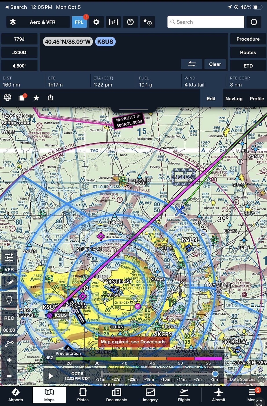 VFR sectional chart with a plotted cross-country route