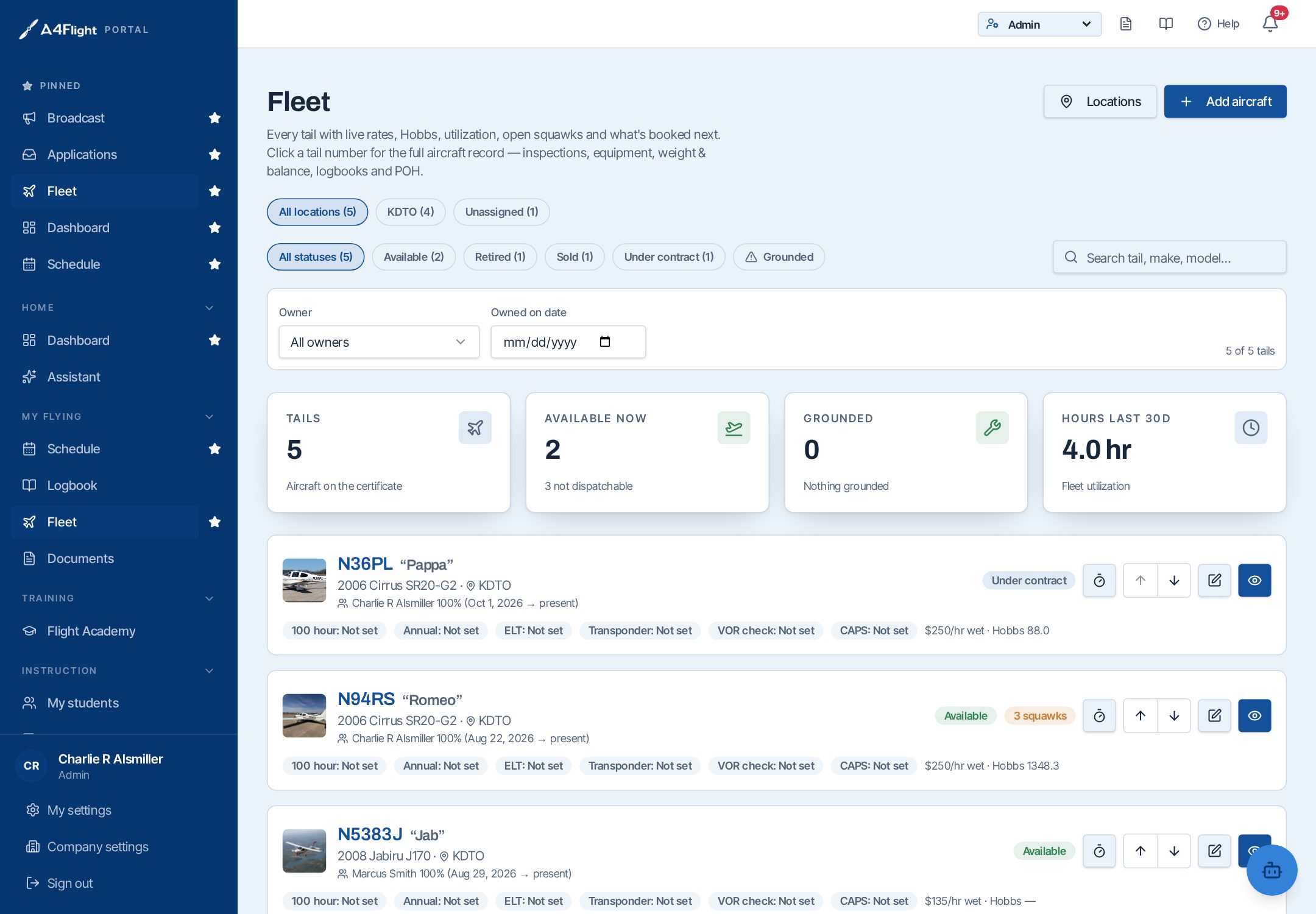 A4Flight portal aircraft detail page showing Hobbs, hours, rates, next inspection due, airworthiness tab with annual and 100-hour inspection countdowns