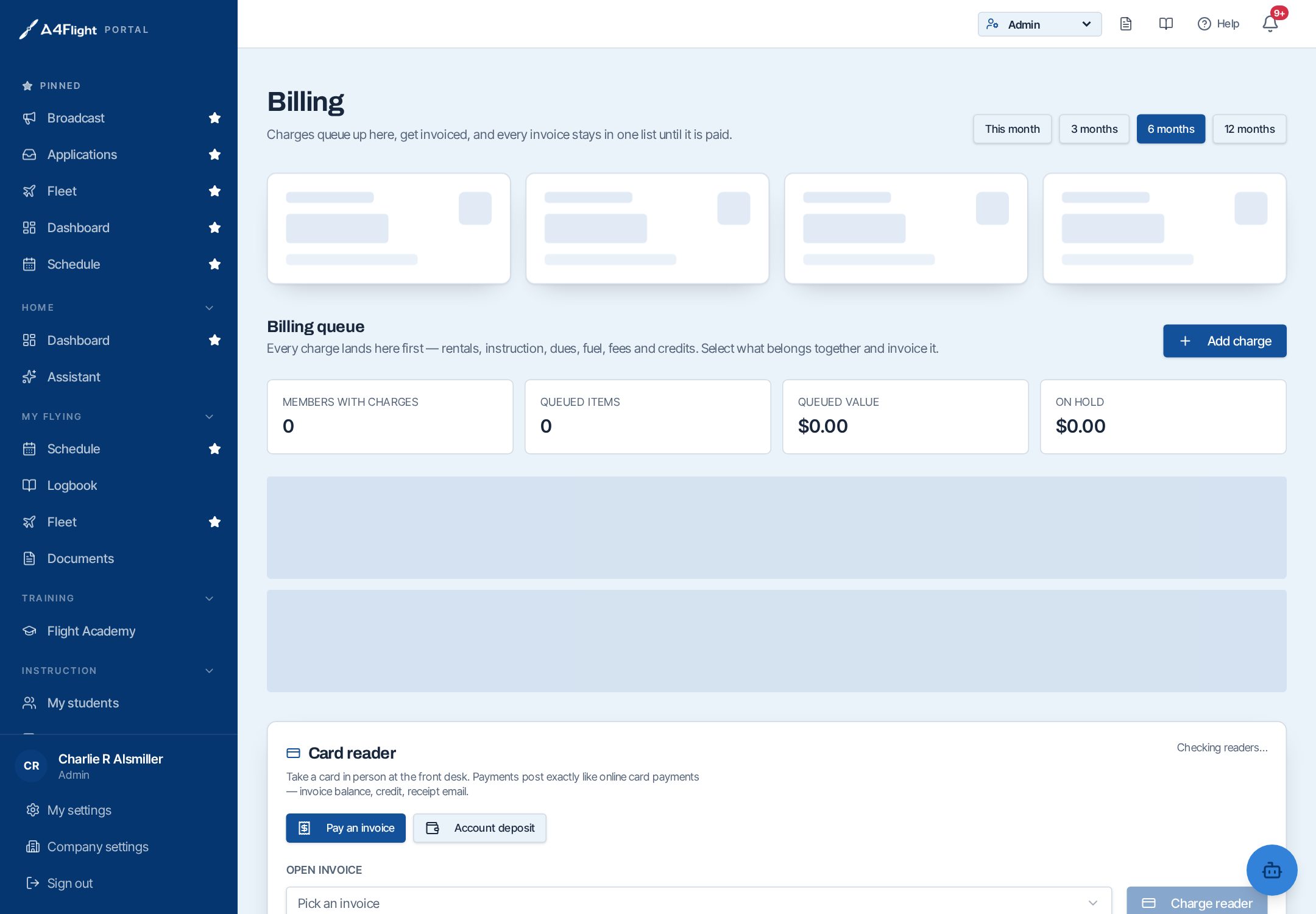 Billing screen with period metrics, the billing queue and the card reader panel
