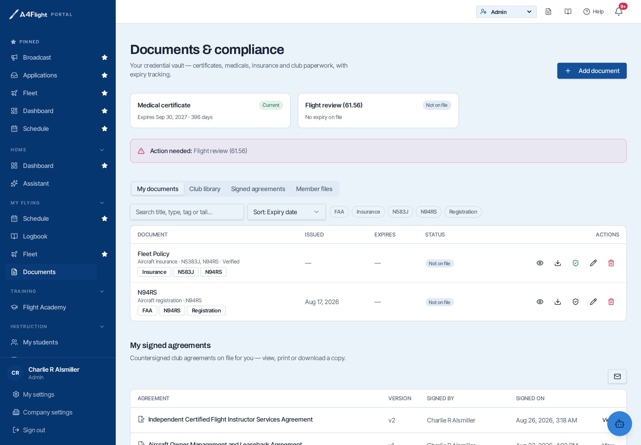 A4Flight portal documents and compliance page showing medical and flight review expiry tracking and a table of countersigned club agreements