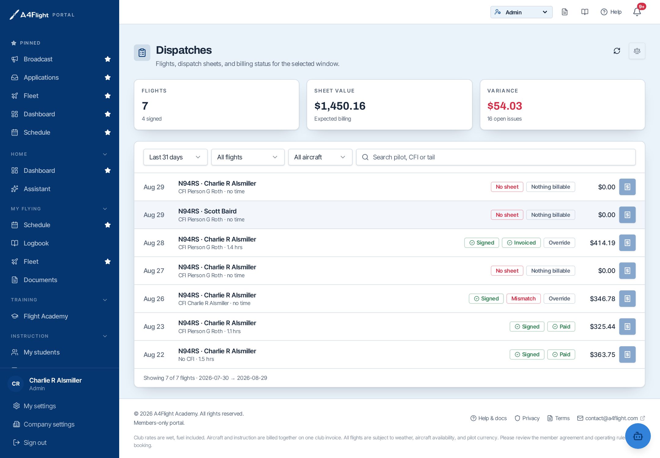 Flights list showing dispatch sheet value, billed amount and variance per flight