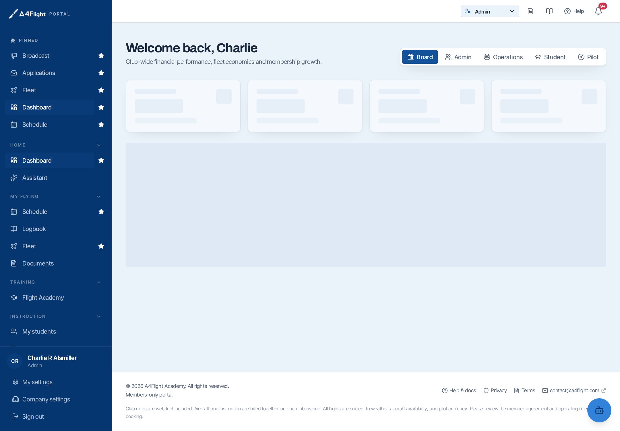 Portal home with the role picker, key figures and the sidebar menu