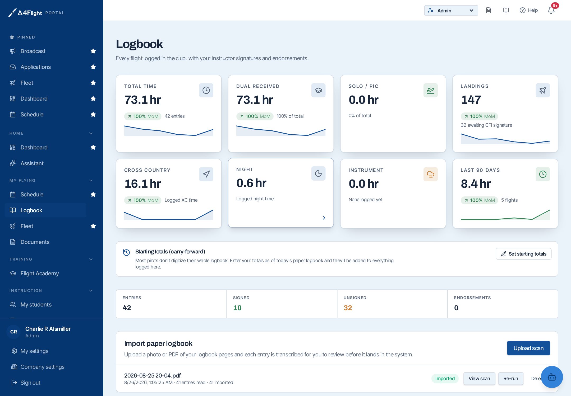 Logbook metrics cards, paper logbook import panel and flight entries