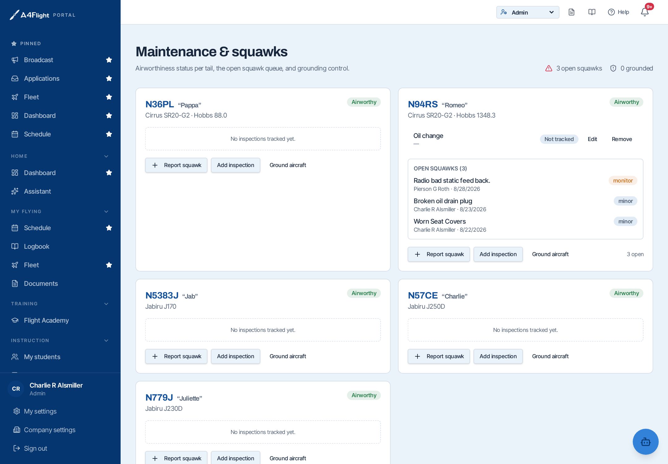 Maintenance and squawks page with per-aircraft airworthiness and open squawks