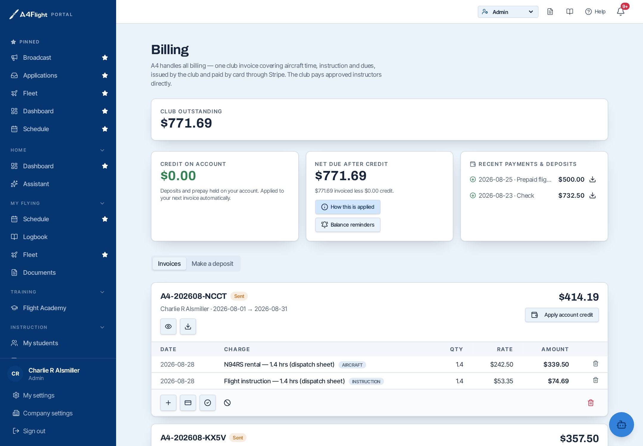 My Billing page with credit on account, net due, recent payments and an invoice detail