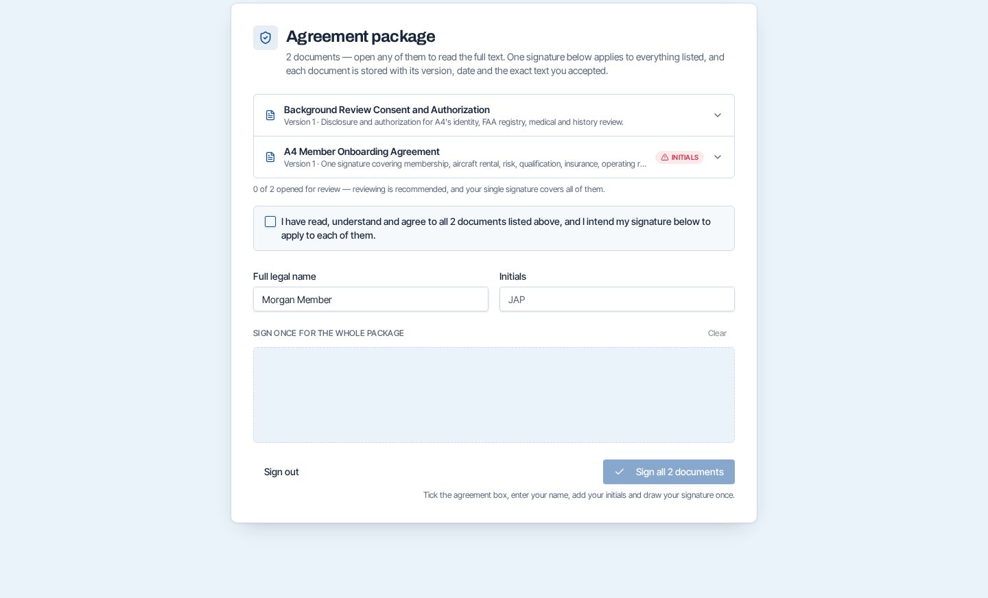 A4Flight portal agreement package screen listing the background review consent and member onboarding agreement with a single signature pad below